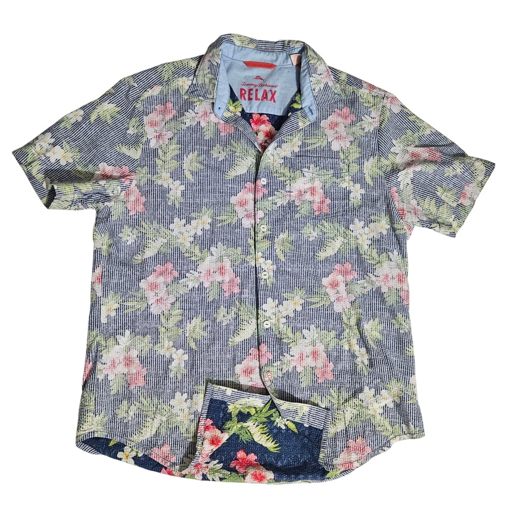 Tommy Bahama Relax Men Large Floral Seersucker Stripe Short Sleeve Button Down
